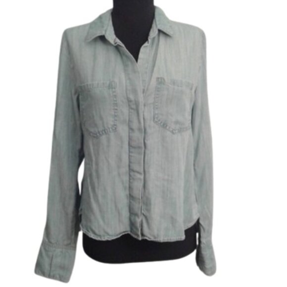 Elevenses XS Chambray button front shirt hi-low Tab Sleeves Pockets Blue Tencel - Picture 1 of 8
